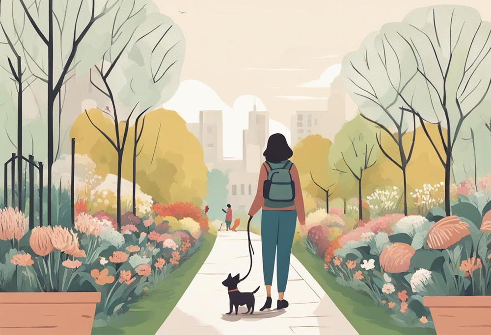 花壇がある公園を犬と散歩する人のイメージ